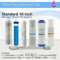 11 Stage RO System replacement Filter Set 5 in1 Alkaline UV 4 Pins Bulb + 50 GPD