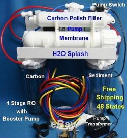 RO 4 Stage 75 gpd+Booster Pump Reverse Osmosis System Water Filter Clear Housing