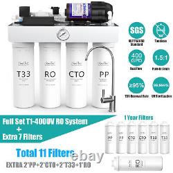Système d'osmose inverse UV à 8 étapes T1-400GPD sans réservoir avec 7 filtres à eau supplémentaires TDS=0