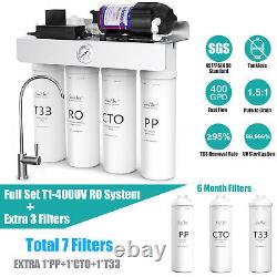 Système de filtration d'eau par osmose inverse sans réservoir UV T1-400 GPD avec 7 filtres
